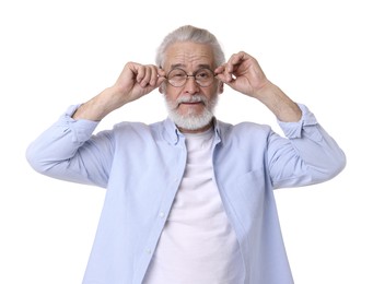 Portrait of stylish grandpa with glasses on white background