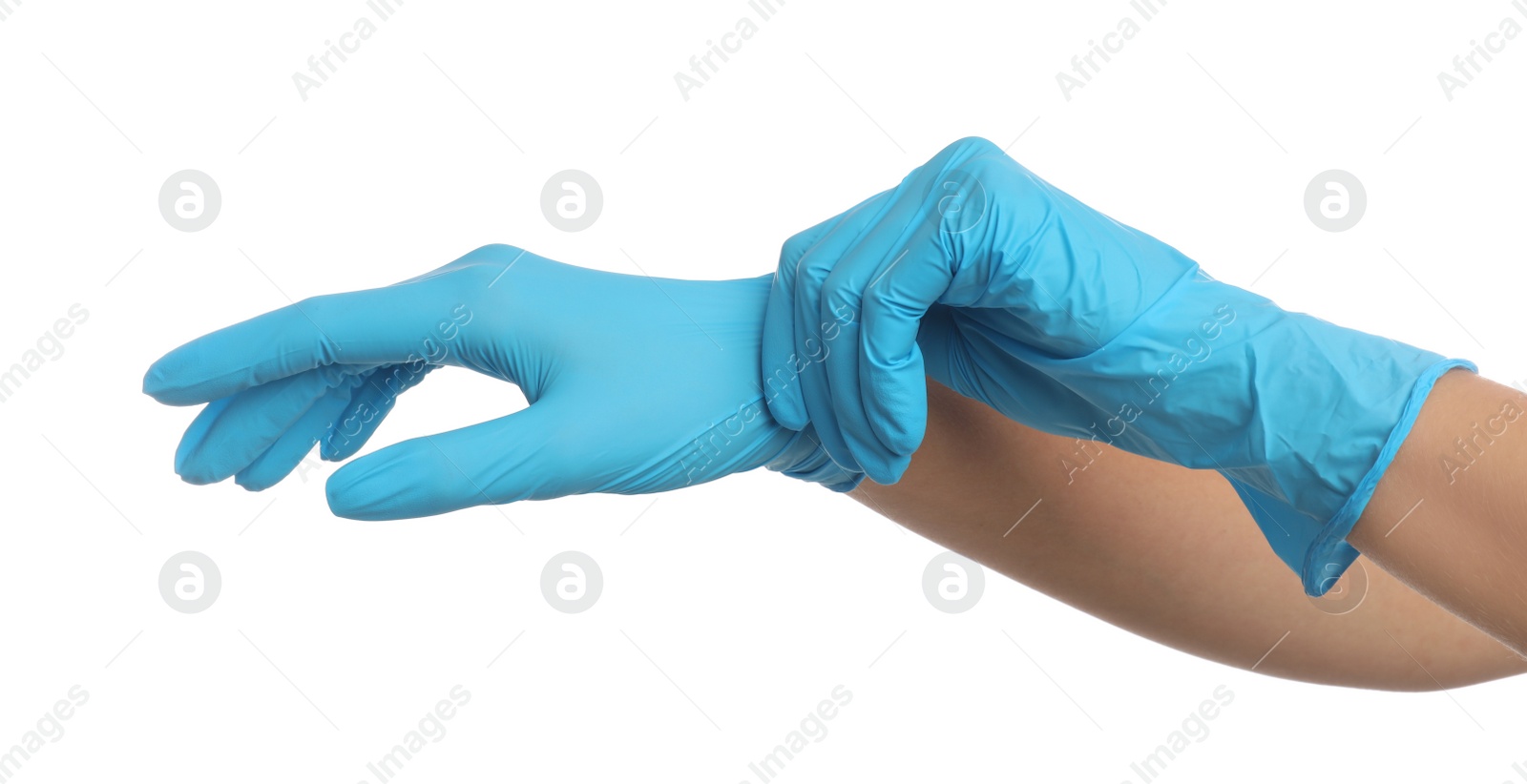 Photo of Doctor wearing medical gloves on white background, closeup