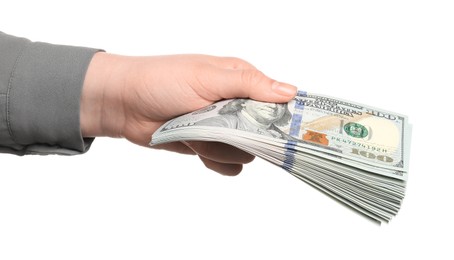 Photo of Money exchange. Woman holding dollar banknotes on white background, closeup