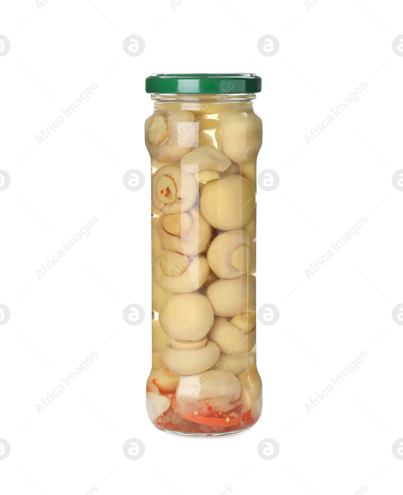 Photo of Jar with marinated mushrooms isolated on white