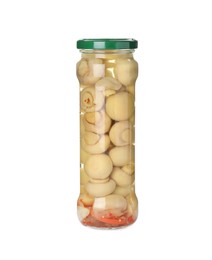 Jar with marinated mushrooms isolated on white