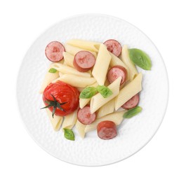 Tasty pasta with smoked sausage, tomato and basil isolated on white, top view