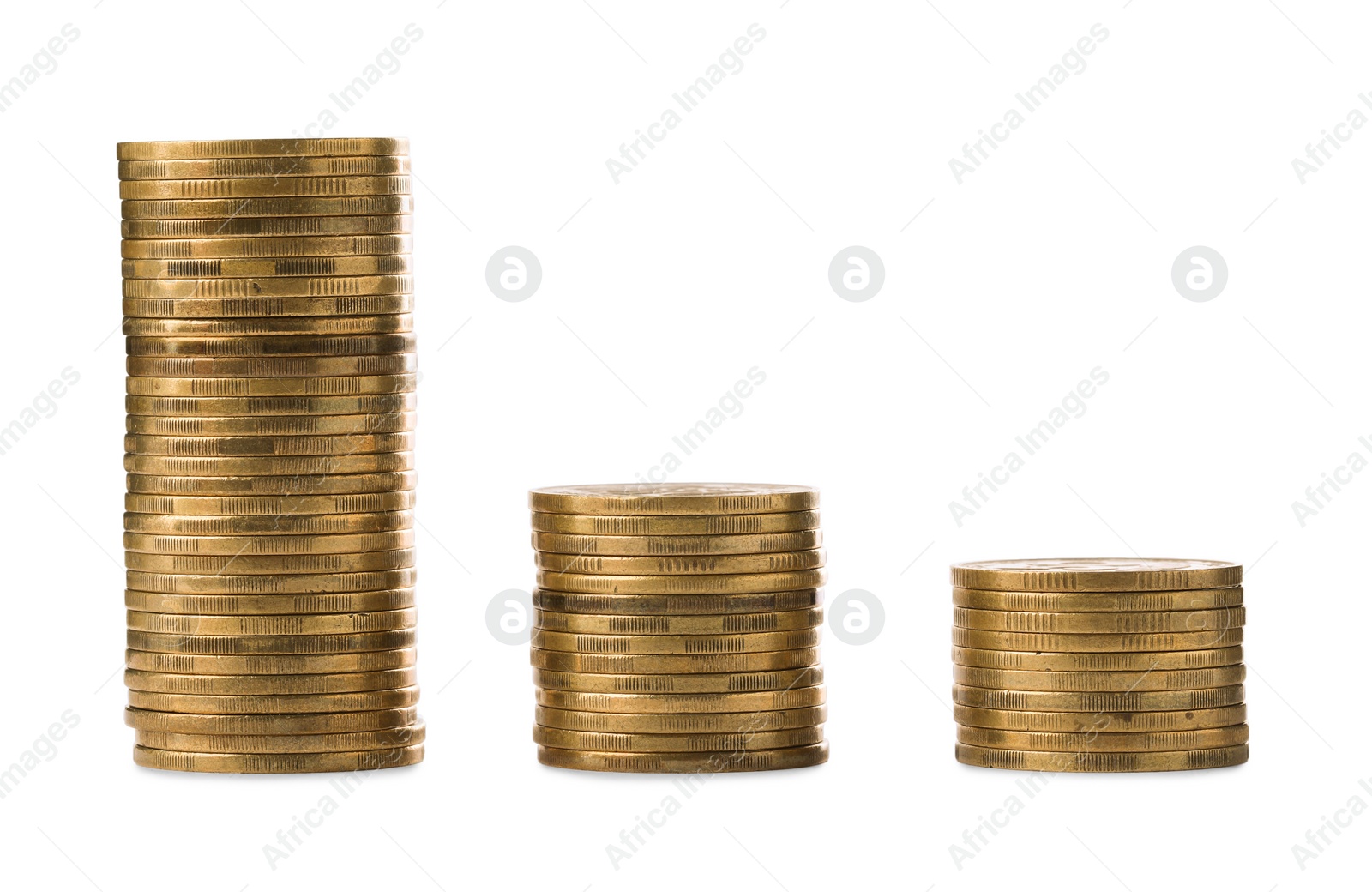 Photo of Many golden coins stacked on white background