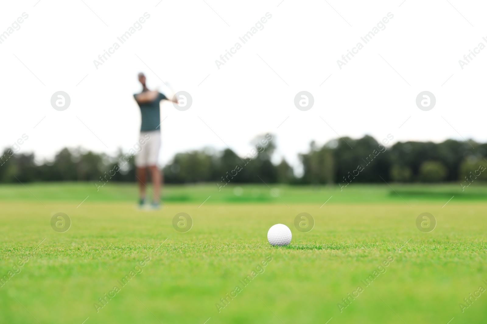 Photo of Man playing golf on green course, ball in focus. Sport and leisure