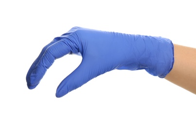 Photo of Woman in blue latex gloves holding something on white background, closeup of hand