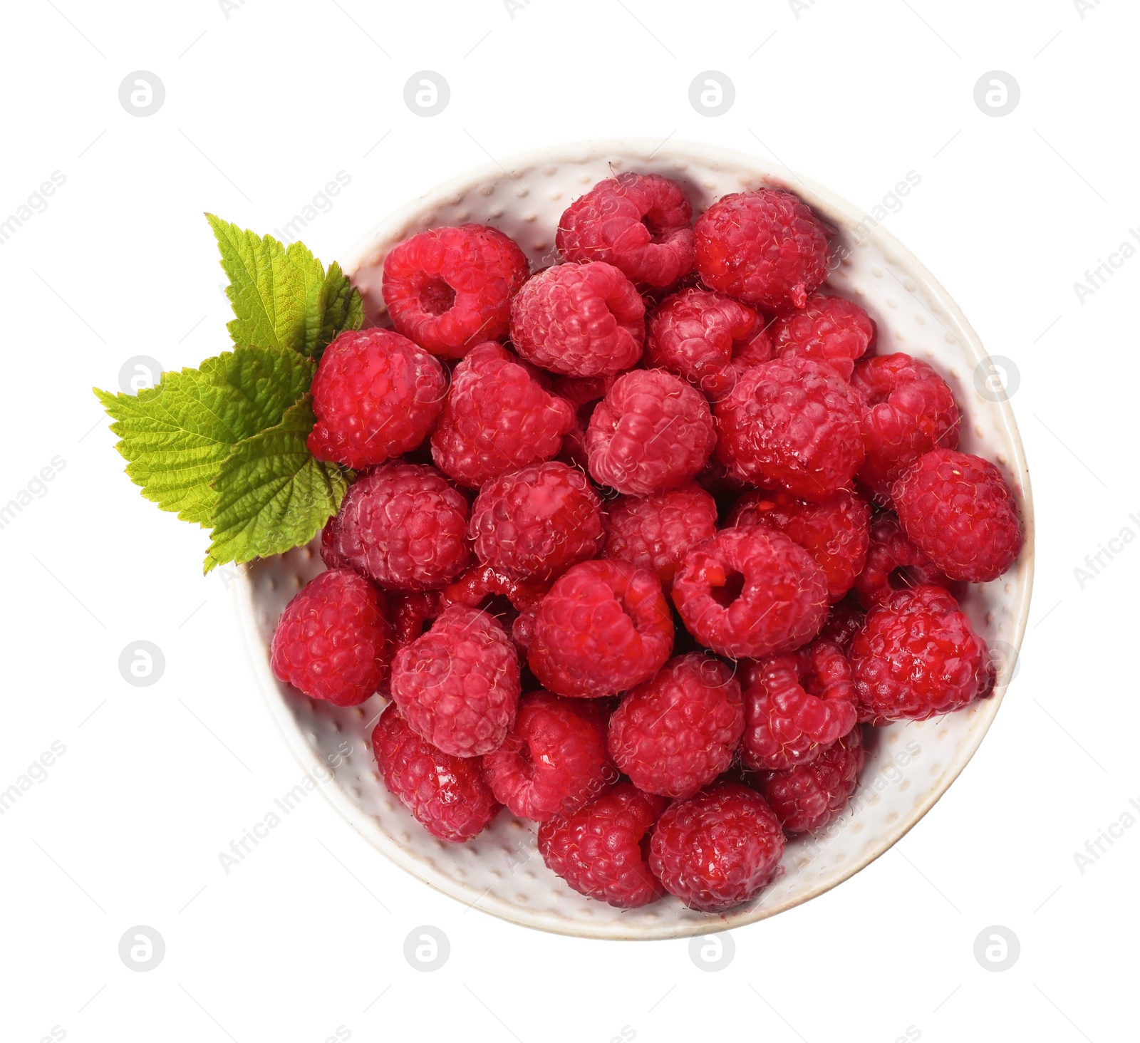 Photo of Plate with ripe raspberries on white background, top view