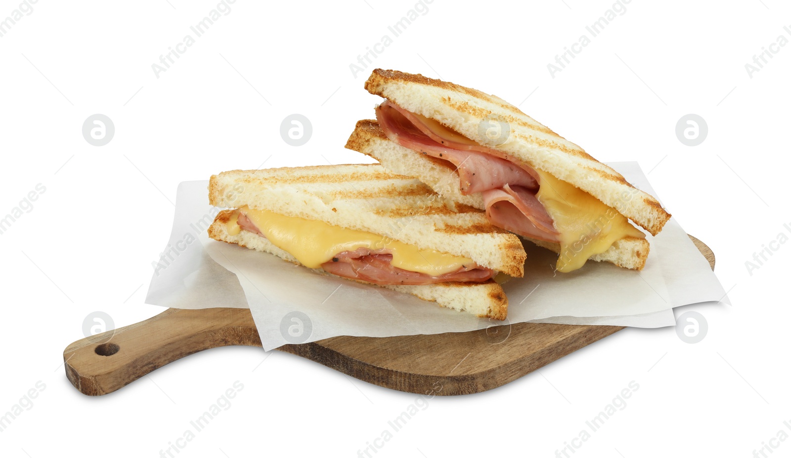 Photo of Tasty sandwiches with ham and melted cheese isolated on white