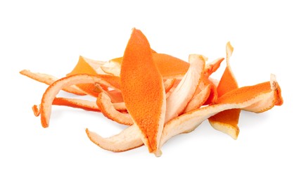 Photo of Pile of dry orange peels isolated on white