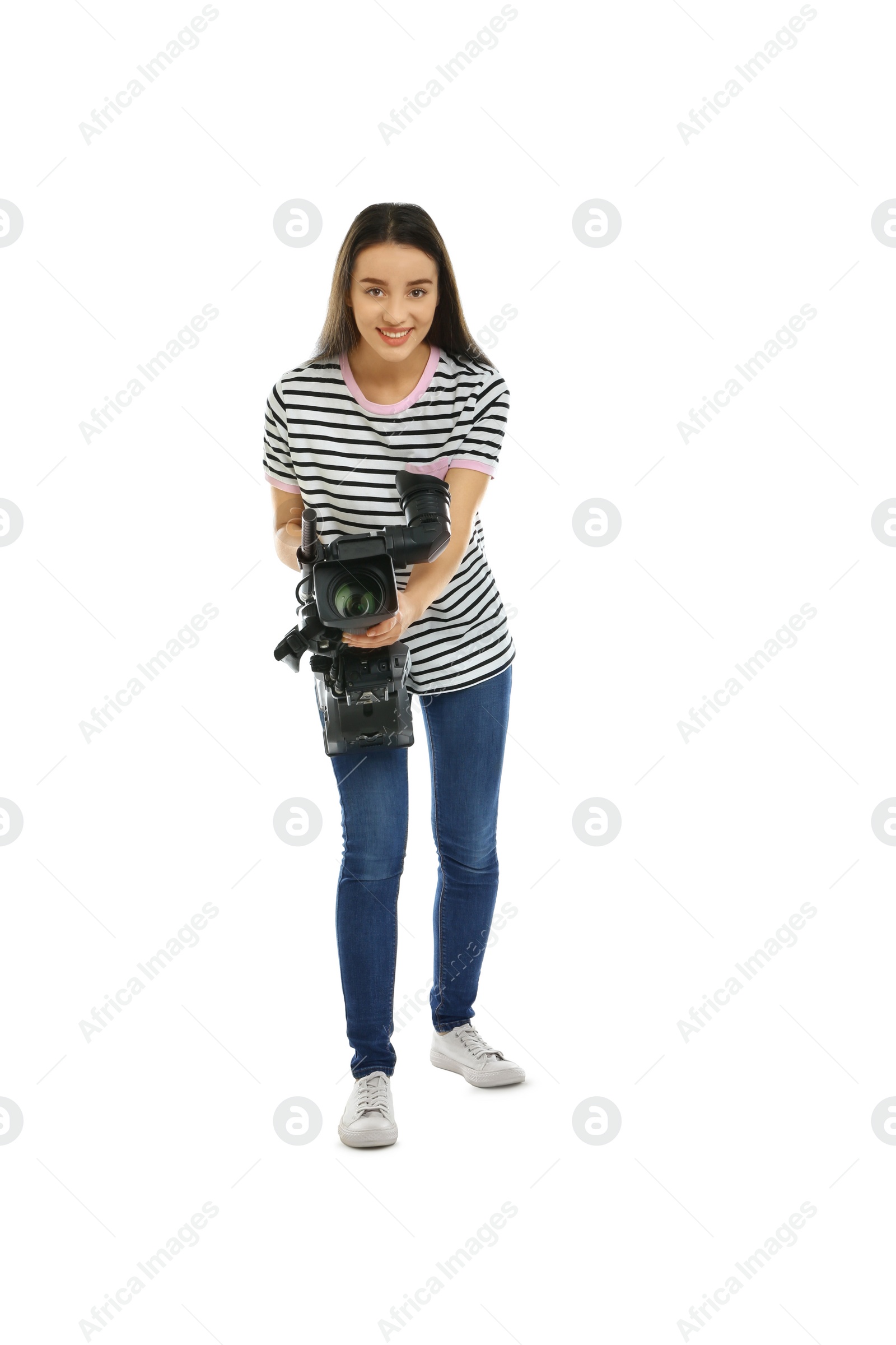 Photo of Operator with professional video camera on white background