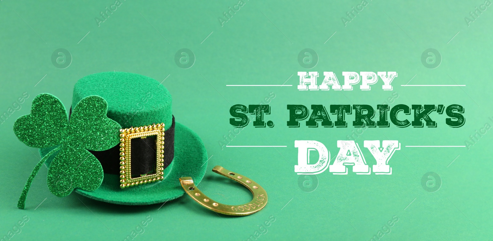 Image of Happy St. Patrick's day card. Leprechaun hat, golden horseshoe, text and clover leaf on green background. Banner design