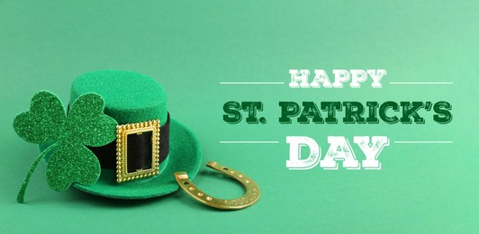 Image of Happy St. Patrick's day card. Leprechaun hat, golden horseshoe, text and clover leaf on green background. Banner design