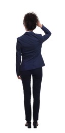 Businesswoman in suit on white background, back view