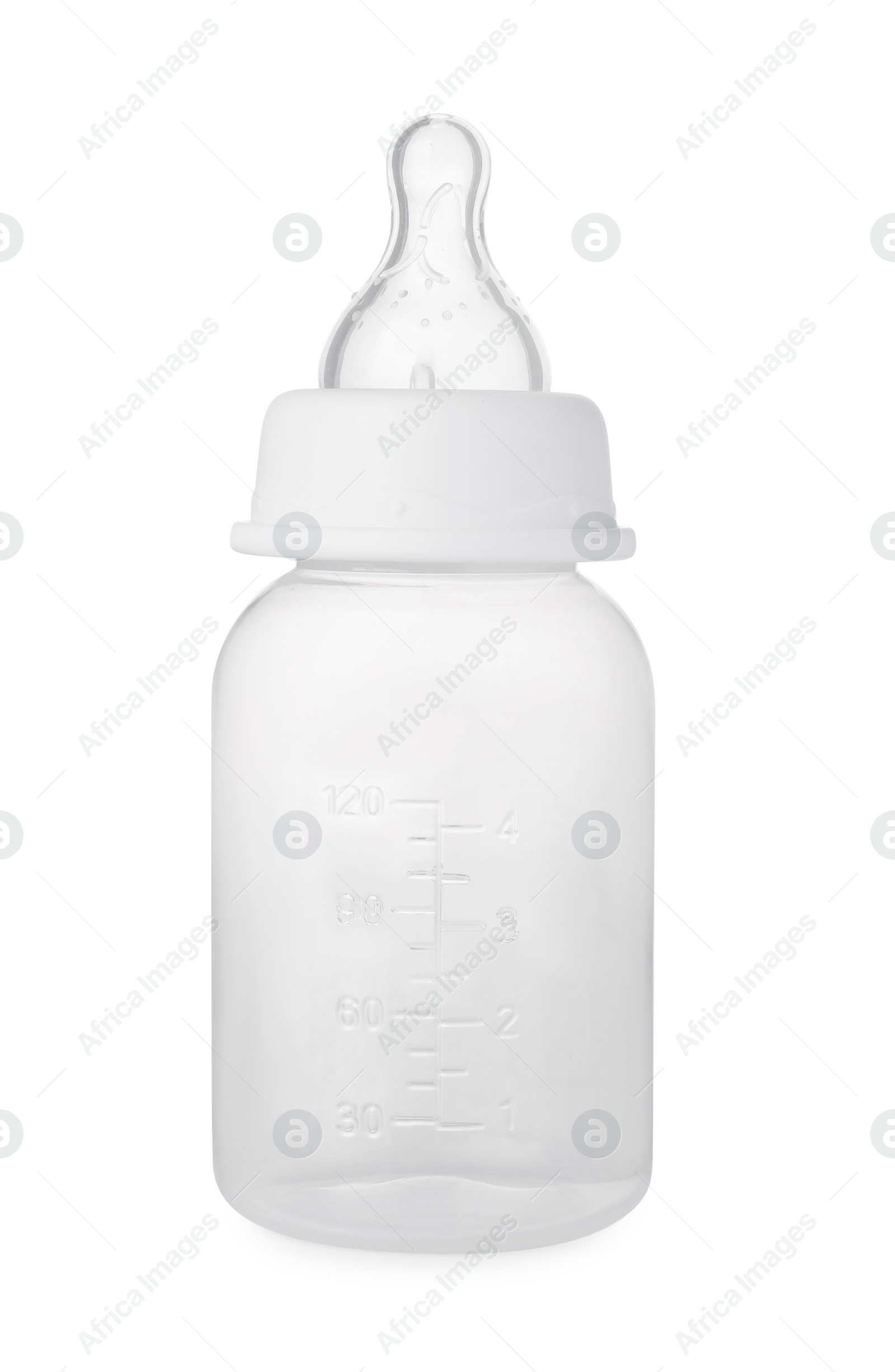 Photo of Empty feeding bottle for baby milk isolated on white