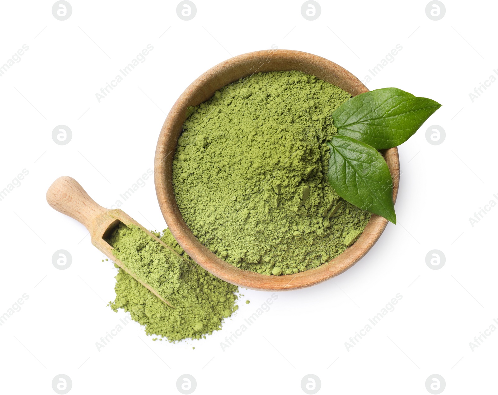 Photo of Green matcha powder in bowl and scoop isolated on white, top view