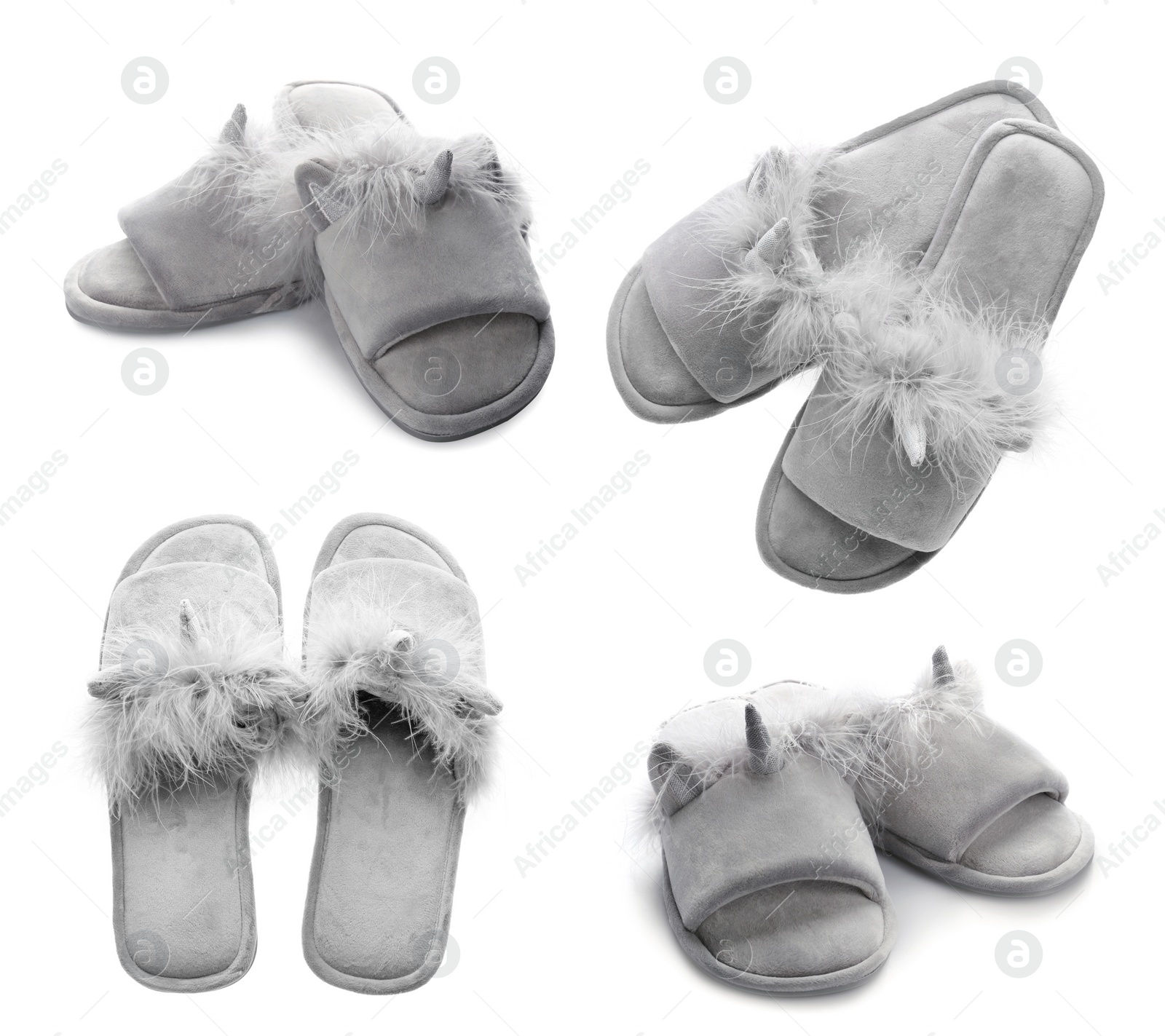 Image of Collage with fluffy slippers on white background