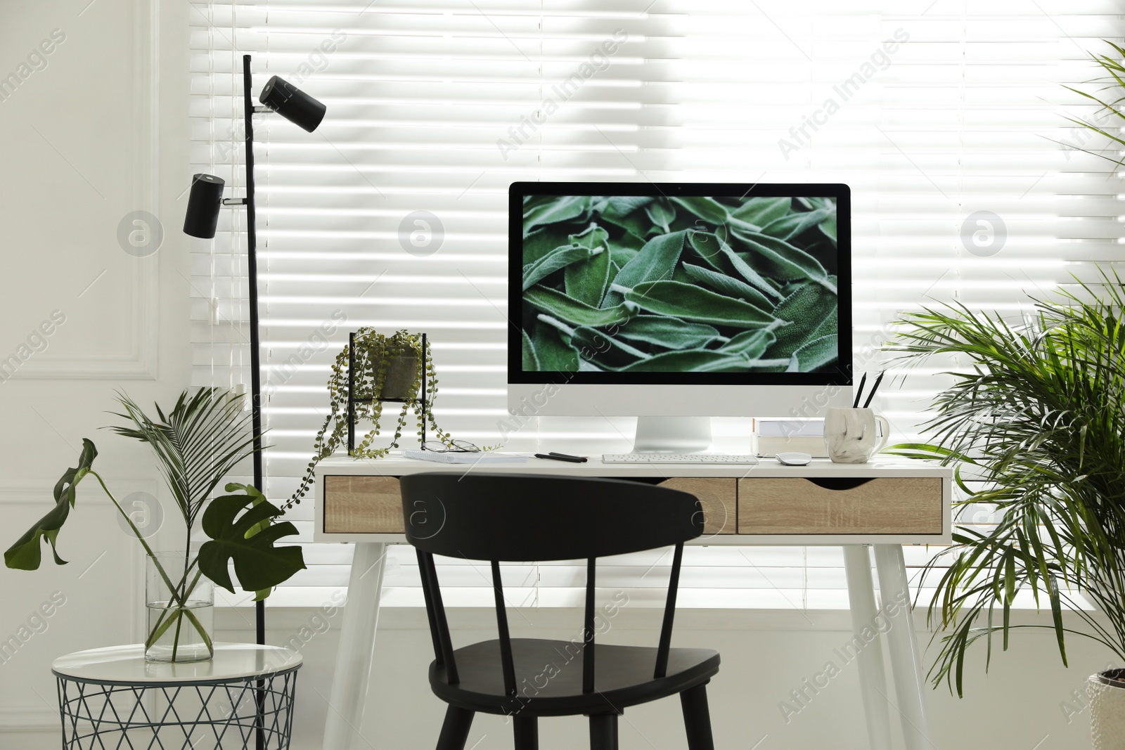 Photo of Comfortable workplace with modern computer and green plants in room. Interior design