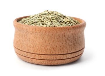 Photo of Wooden bowl with rosemary on white background. Different spices