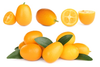 Image of Set with fresh ripe kumquat fruits on white background