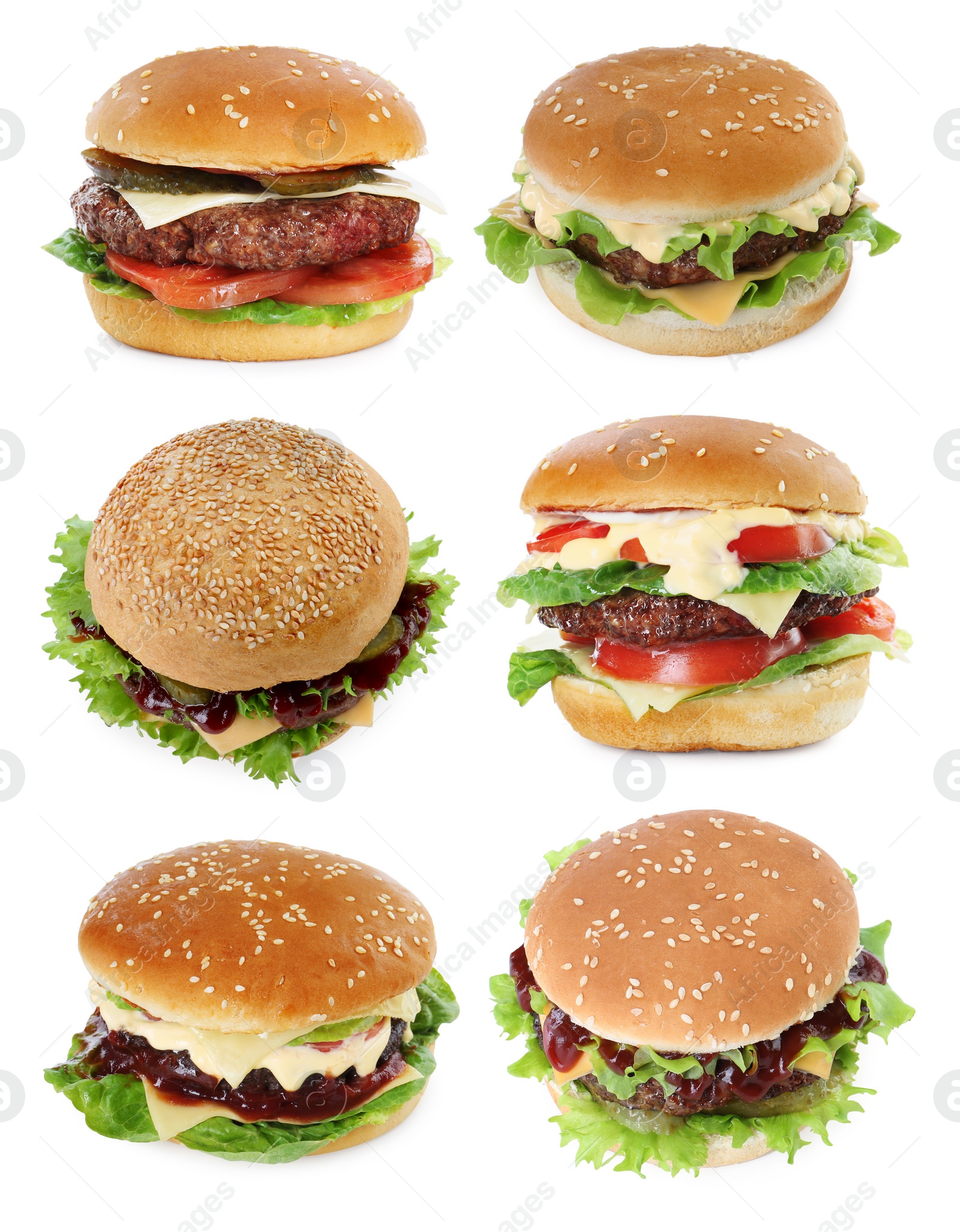 Image of Burgers with delicious patties isolated on white, set