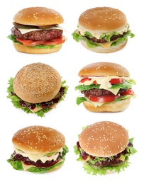 Image of Burgers with delicious patties isolated on white, set