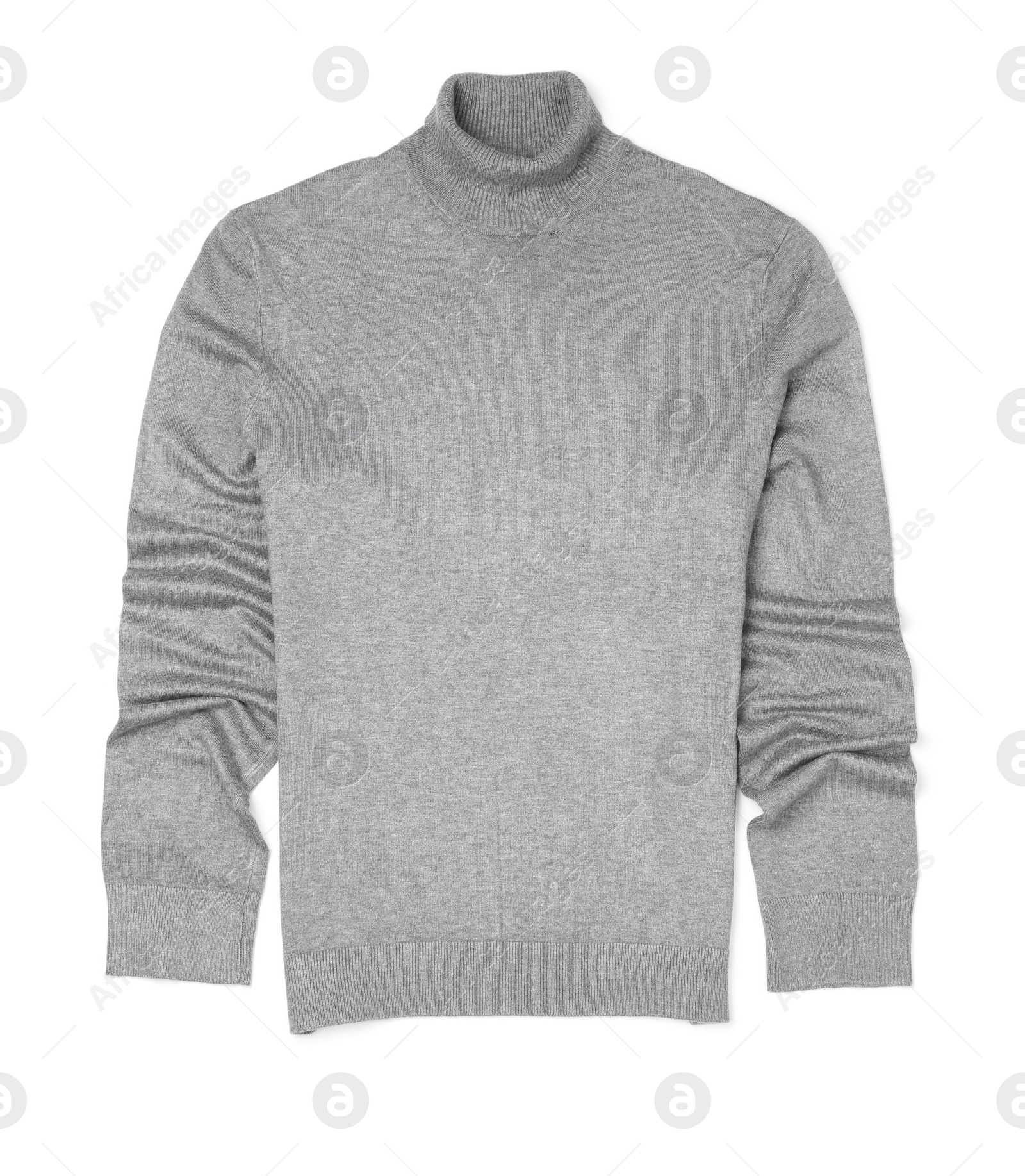 Photo of Grey cashmere sweater isolated on white, top view