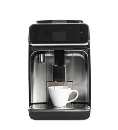 Photo of Making coffee with modern espresso machine on white background