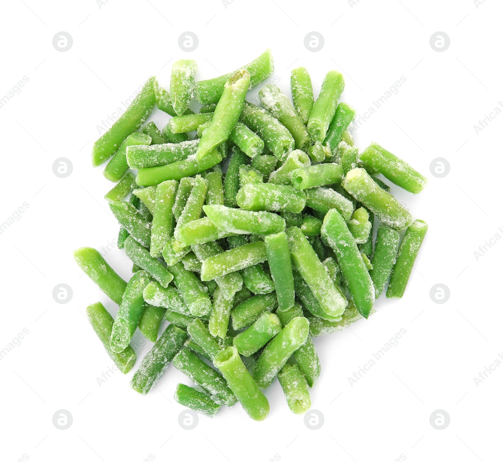 Photo of Frozen green beans on white background. Vegetable preservation
