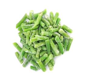 Frozen green beans on white background. Vegetable preservation