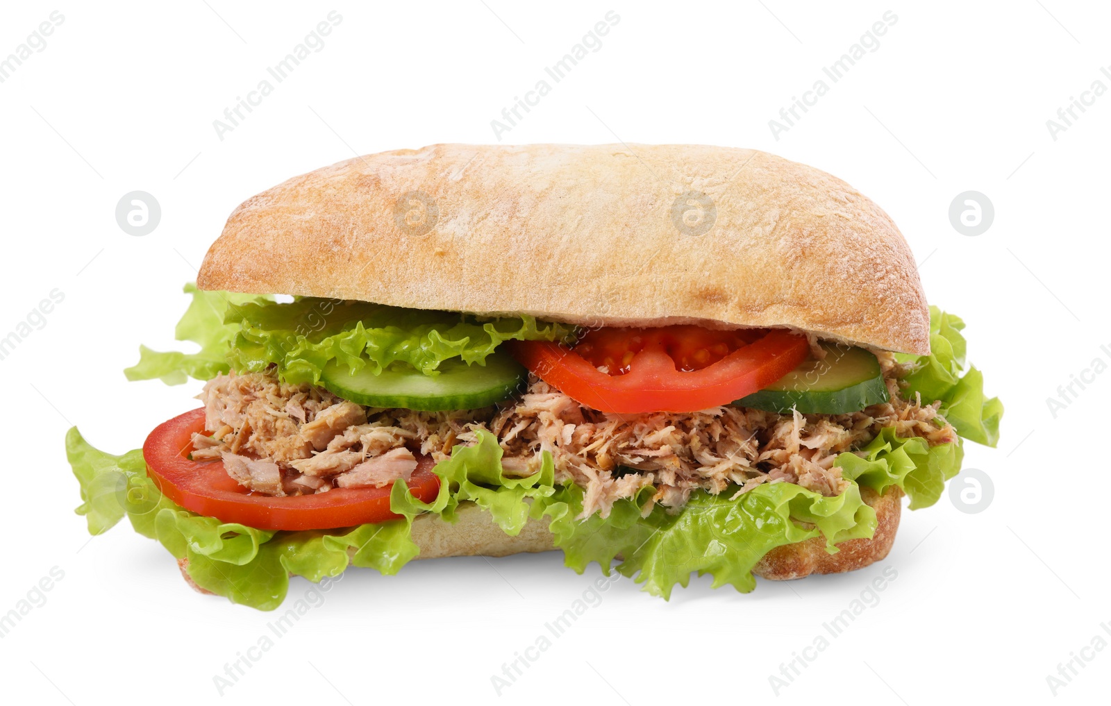 Photo of Delicious sandwich with tuna and vegetables on white background