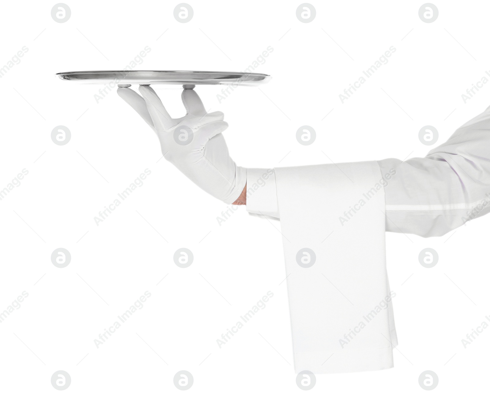 Photo of Young waiter with empty tray on white background