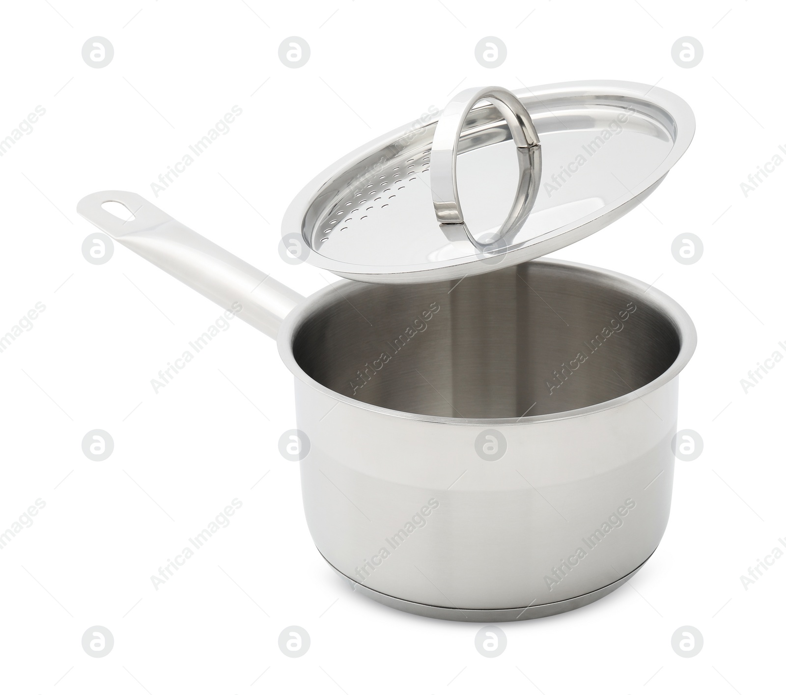 Photo of One steel saucepan with strainer lid isolated on white