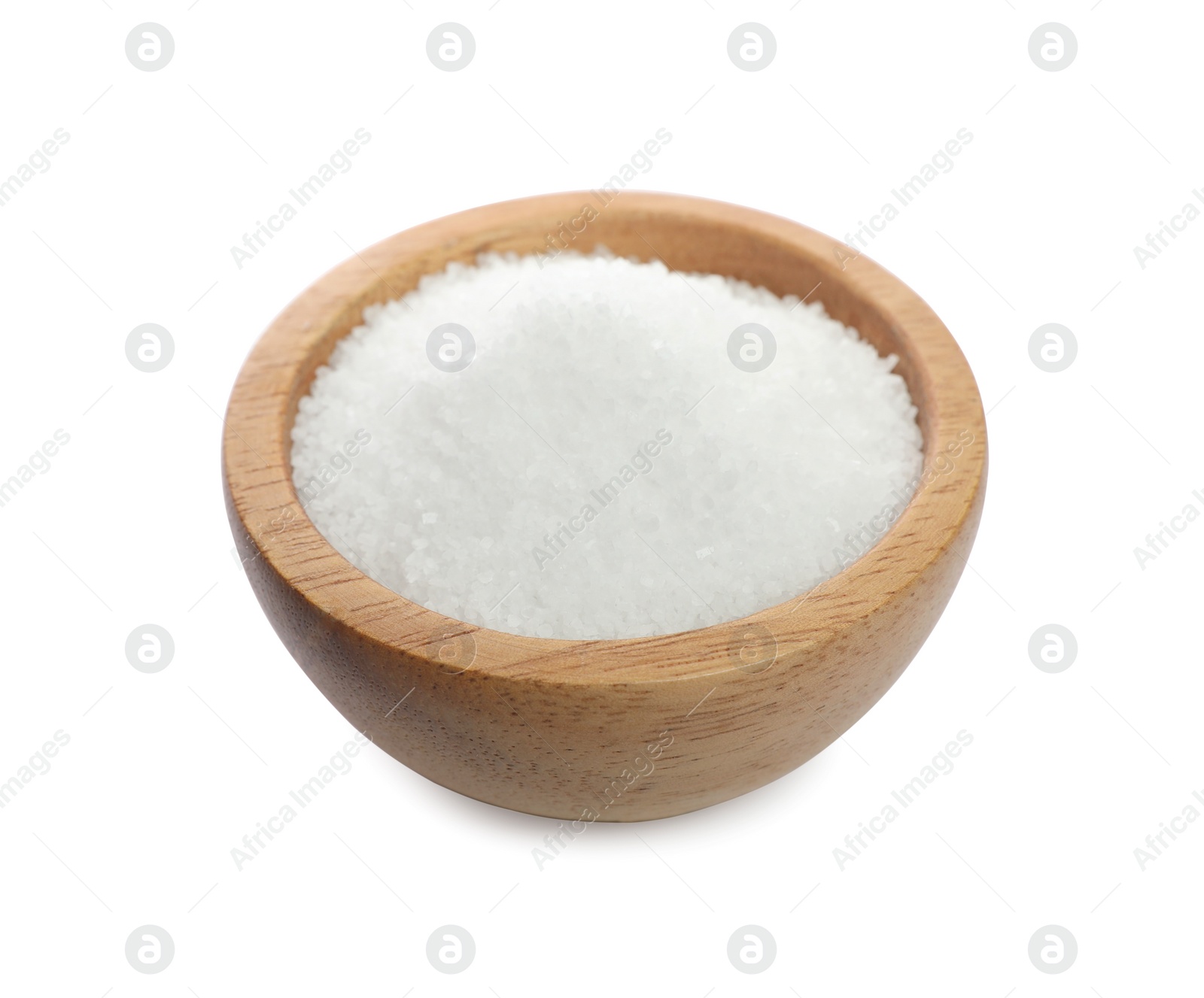 Photo of Natural salt in wooden bowl isolated on white