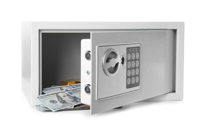 Open steel safe with money and gold bars on white background