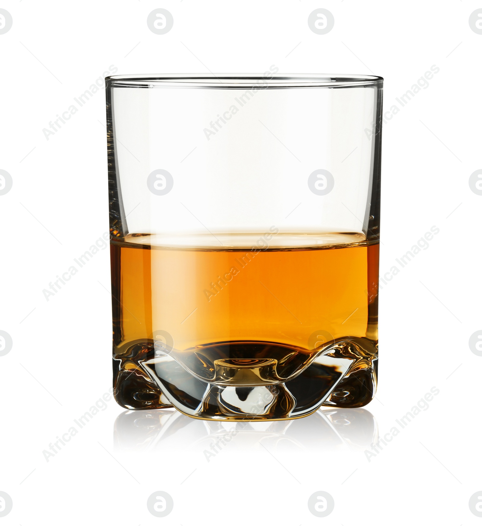 Photo of Whiskey in glass isolated on white. Alcoholic drink