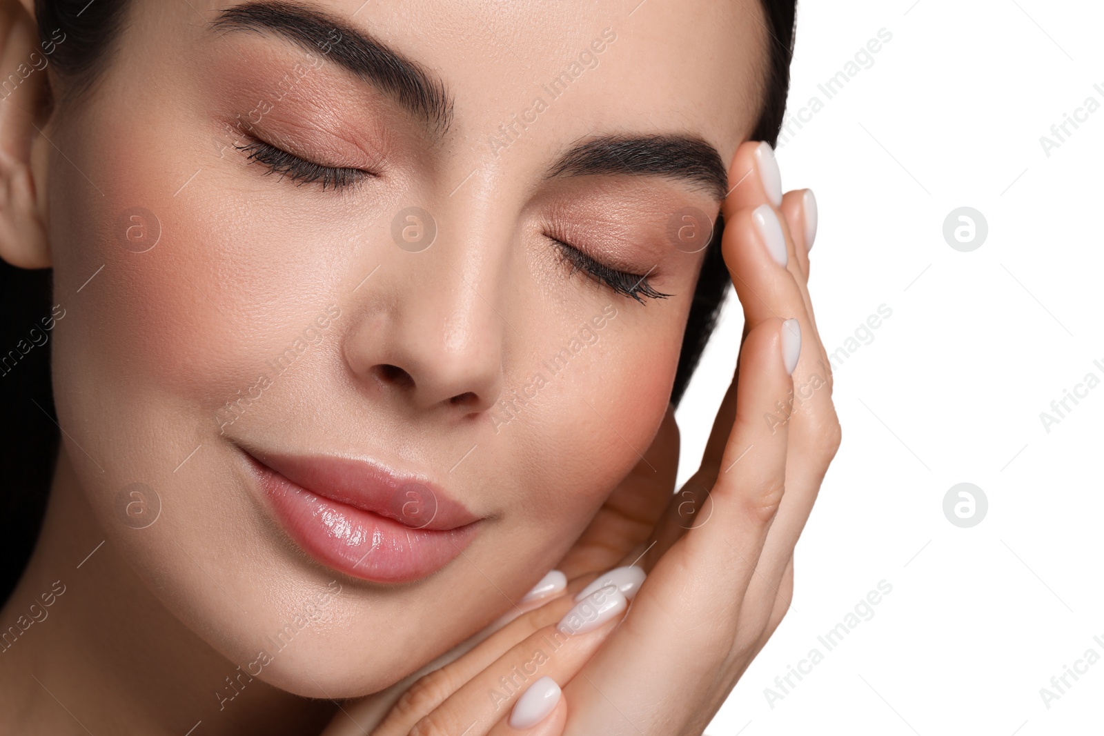 Photo of Beautiful woman with healthy skin on white background, closeup