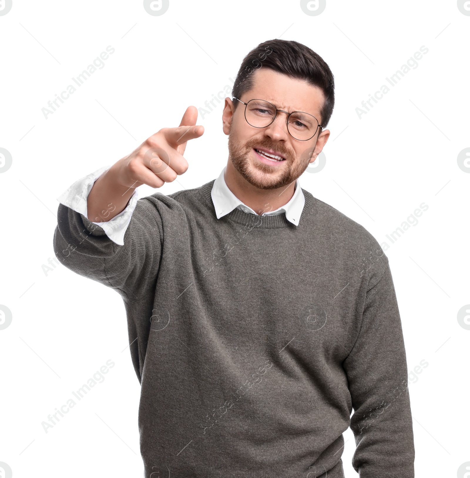 Photo of Portrait of handsome bearded businessman gesturing on white background