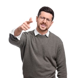 Portrait of handsome bearded businessman gesturing on white background