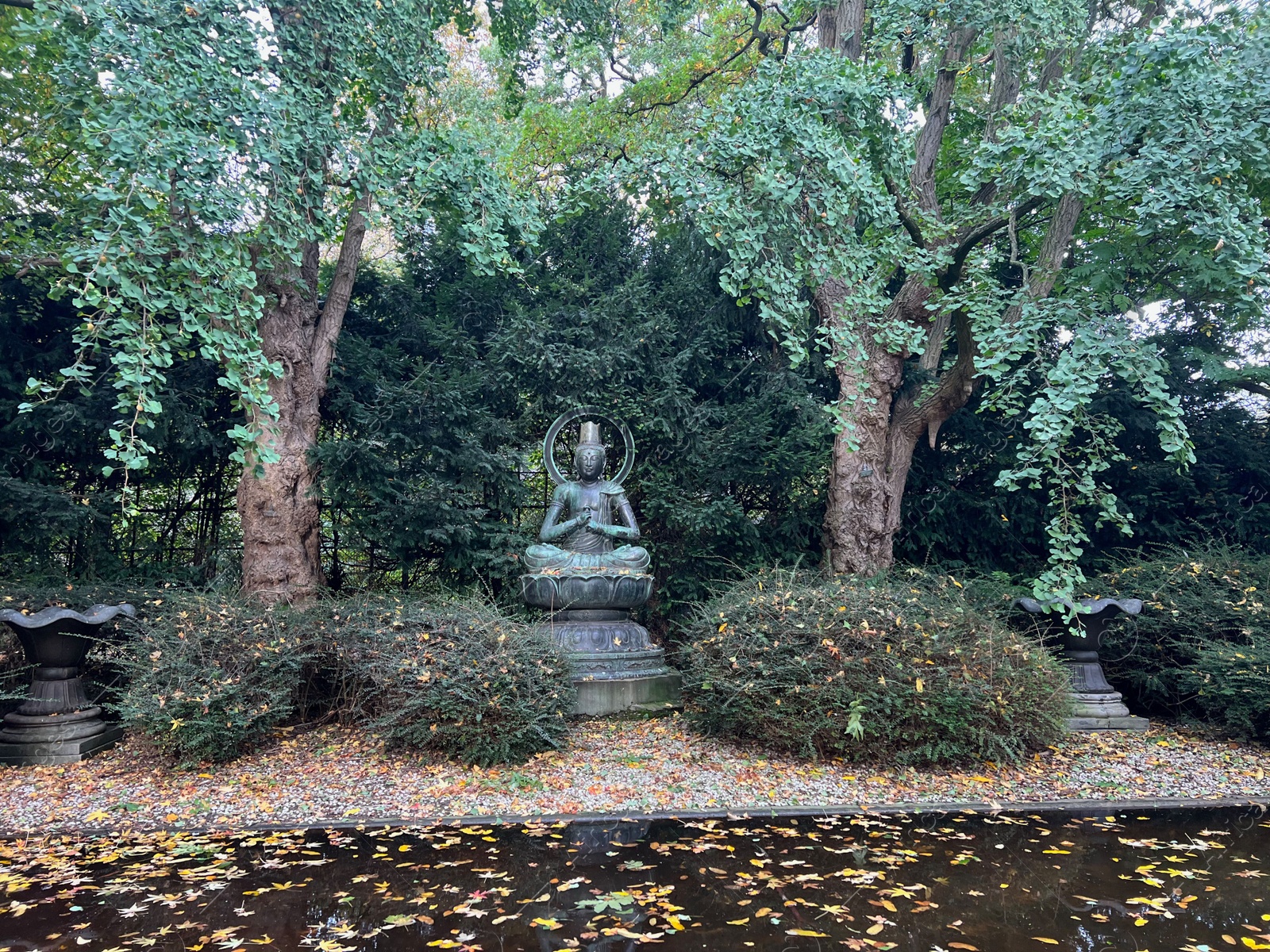 Photo of View of Buddha statue near lake in autumn park