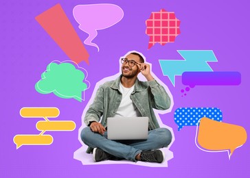 Image of Communication, dialogue. Smiling young man with laptop on dark violet background. Different speech bubbles around him