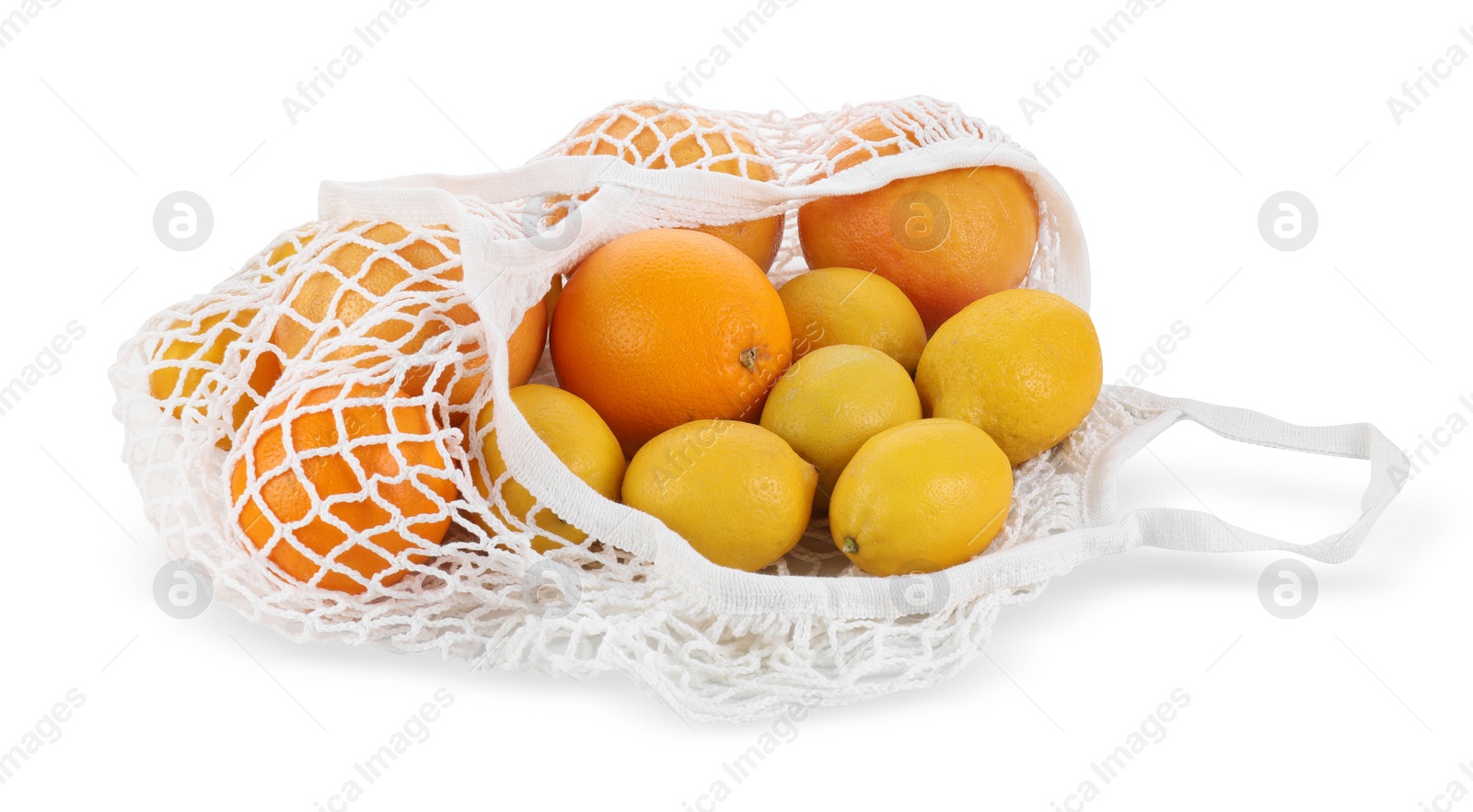 Photo of String bag with oranges and lemons isolated on white