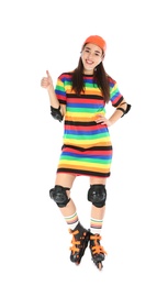 Photo of Full length portrait of young woman in bright dress with roller skates on white background
