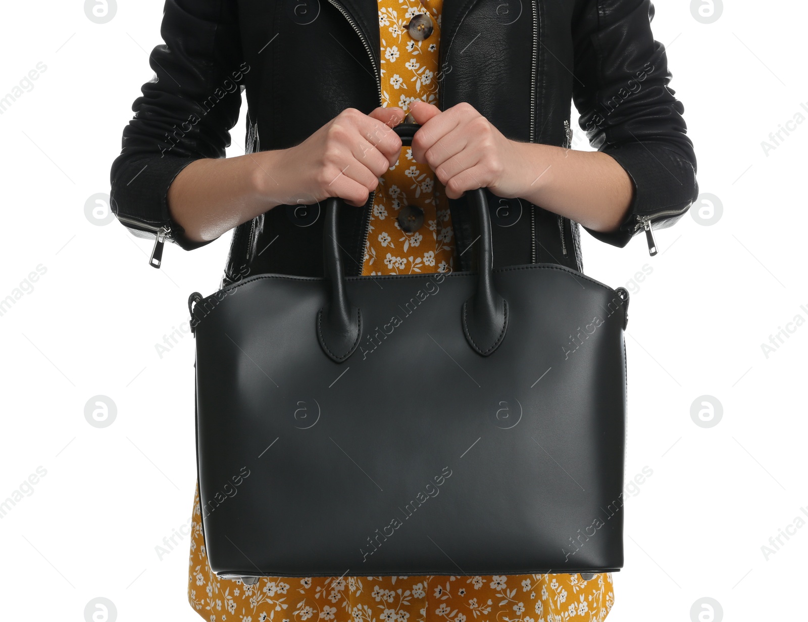 Photo of Young woman with stylish bag on white background, closeup