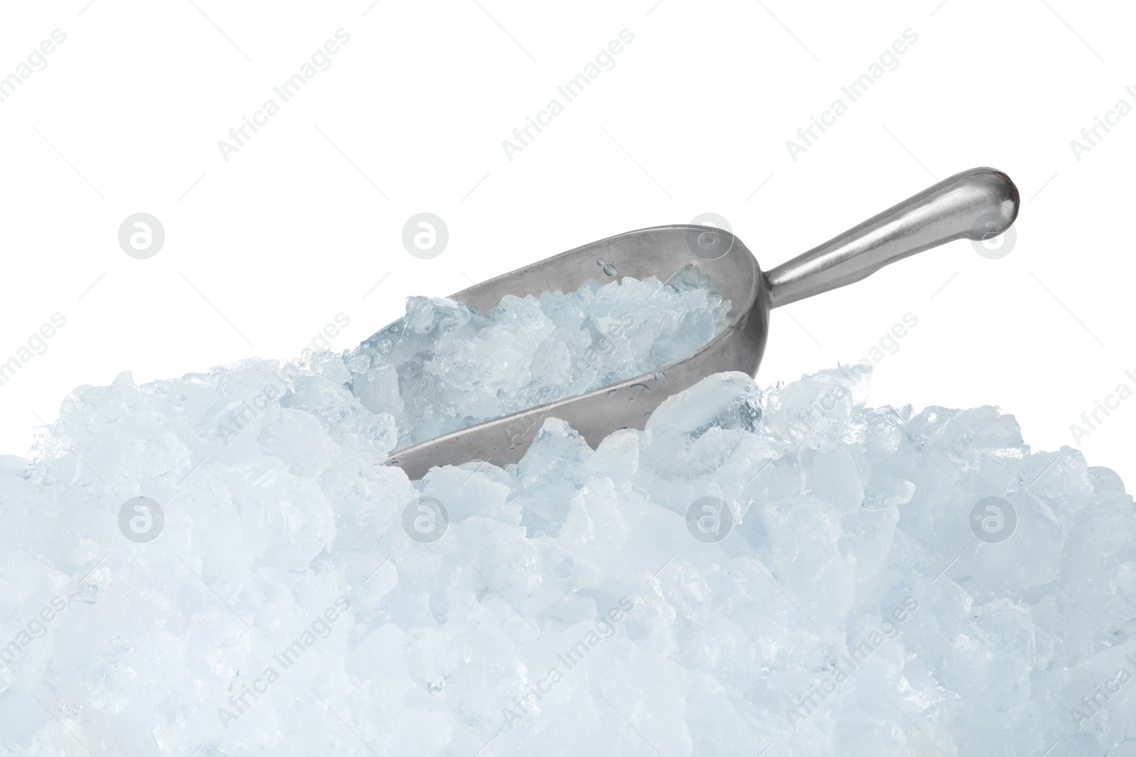 Photo of Heap of crushed ice and metal scoop on white background