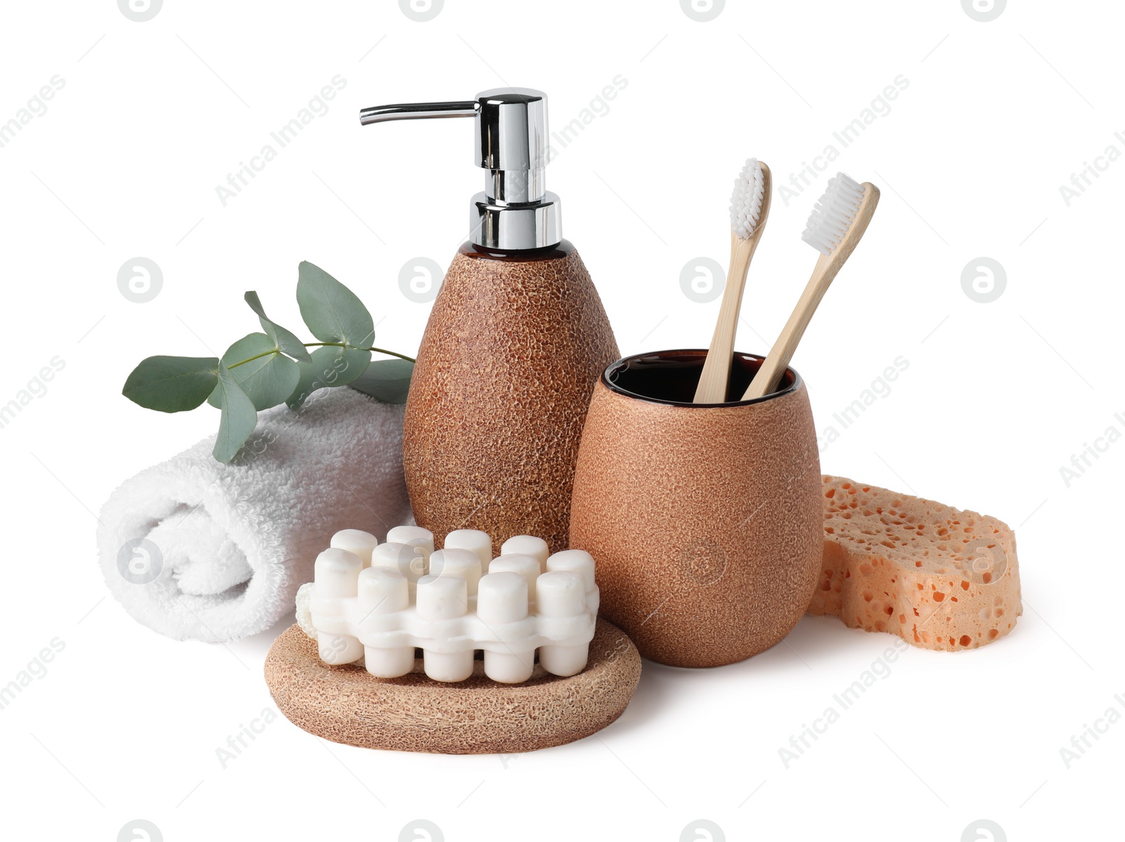 Photo of Bath accessories. Different personal care products and eucalyptus branch isolated on white