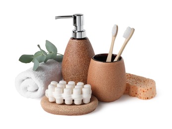 Bath accessories. Different personal care products and eucalyptus branch isolated on white