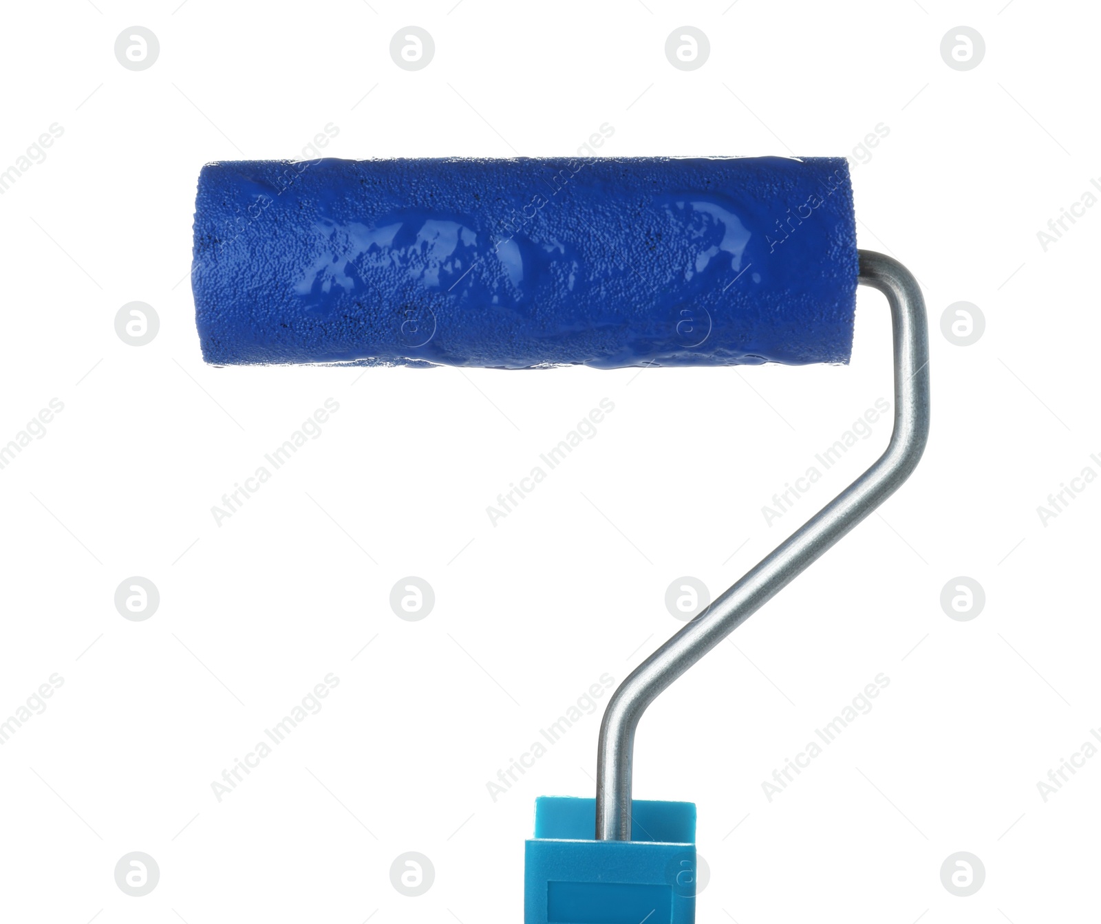 Photo of Roller brush with blue paint on white background