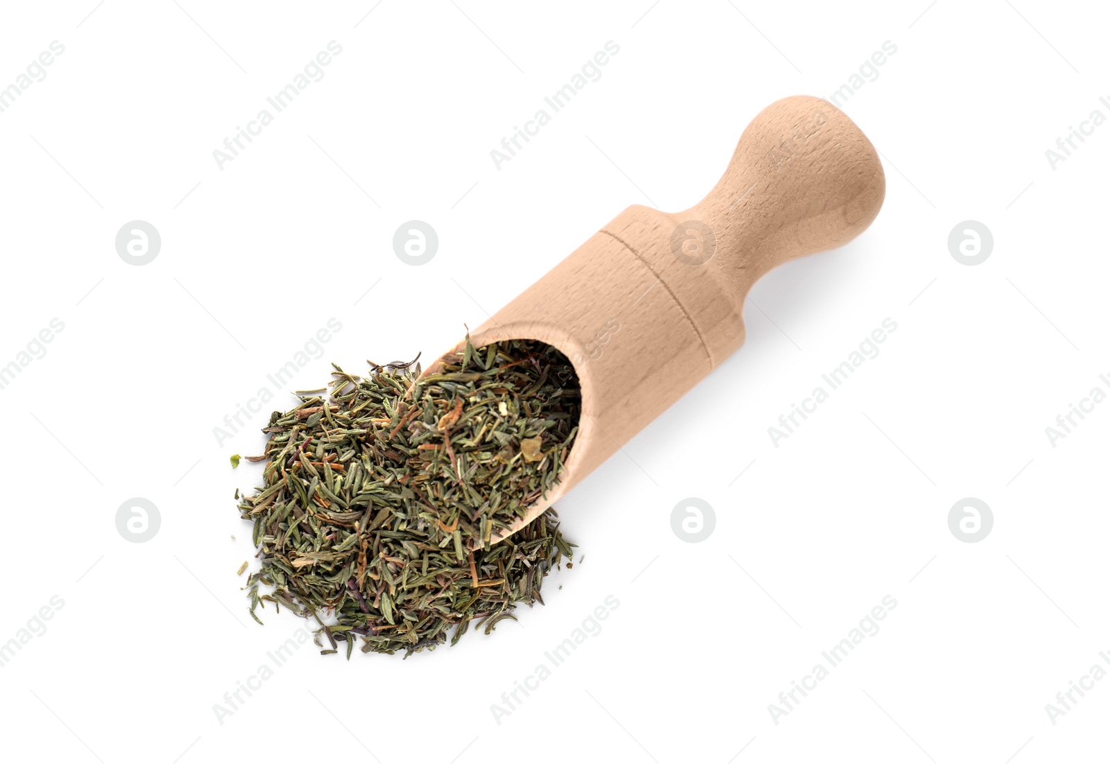 Photo of Scoop of dried thyme isolated on white, top view