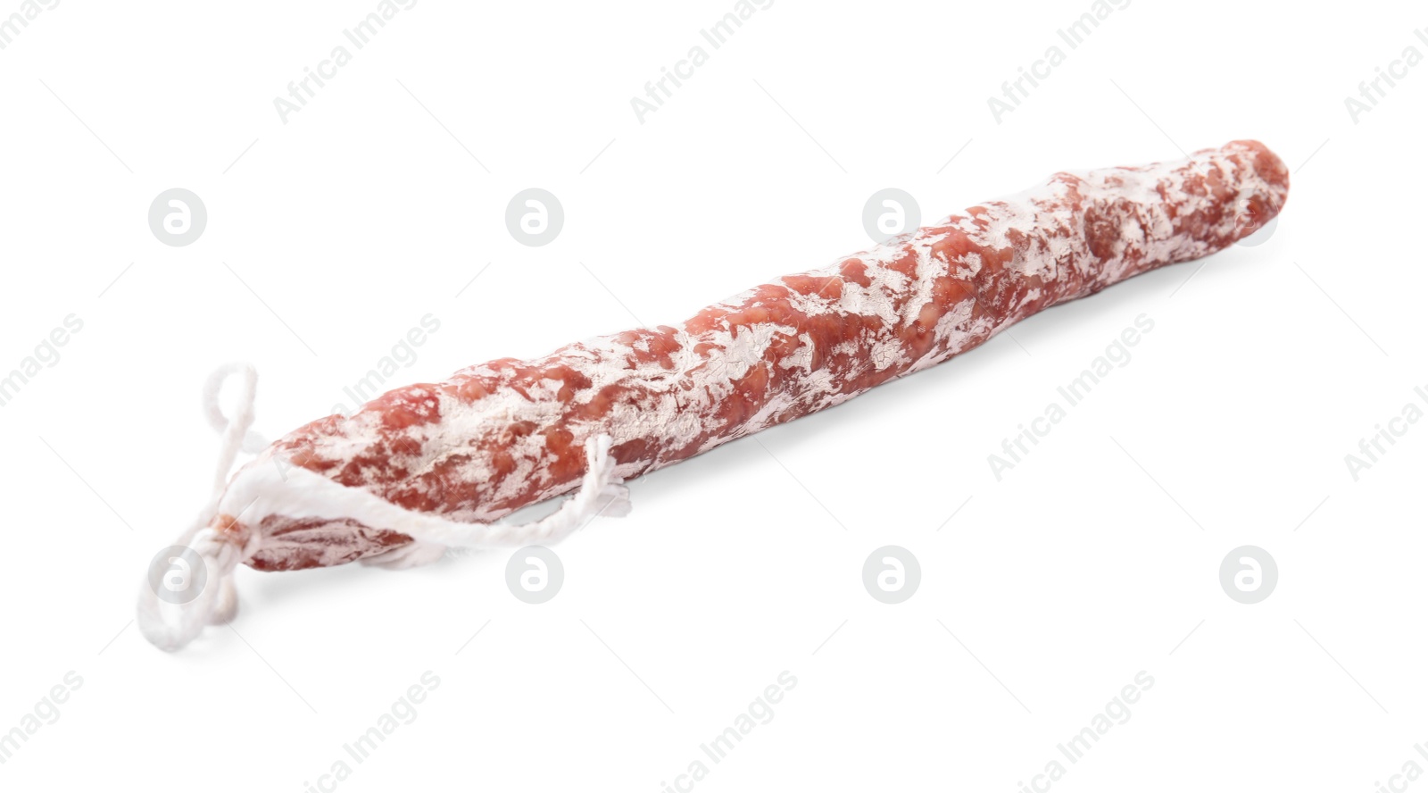 Photo of Tasty sausage on white background. Meat product