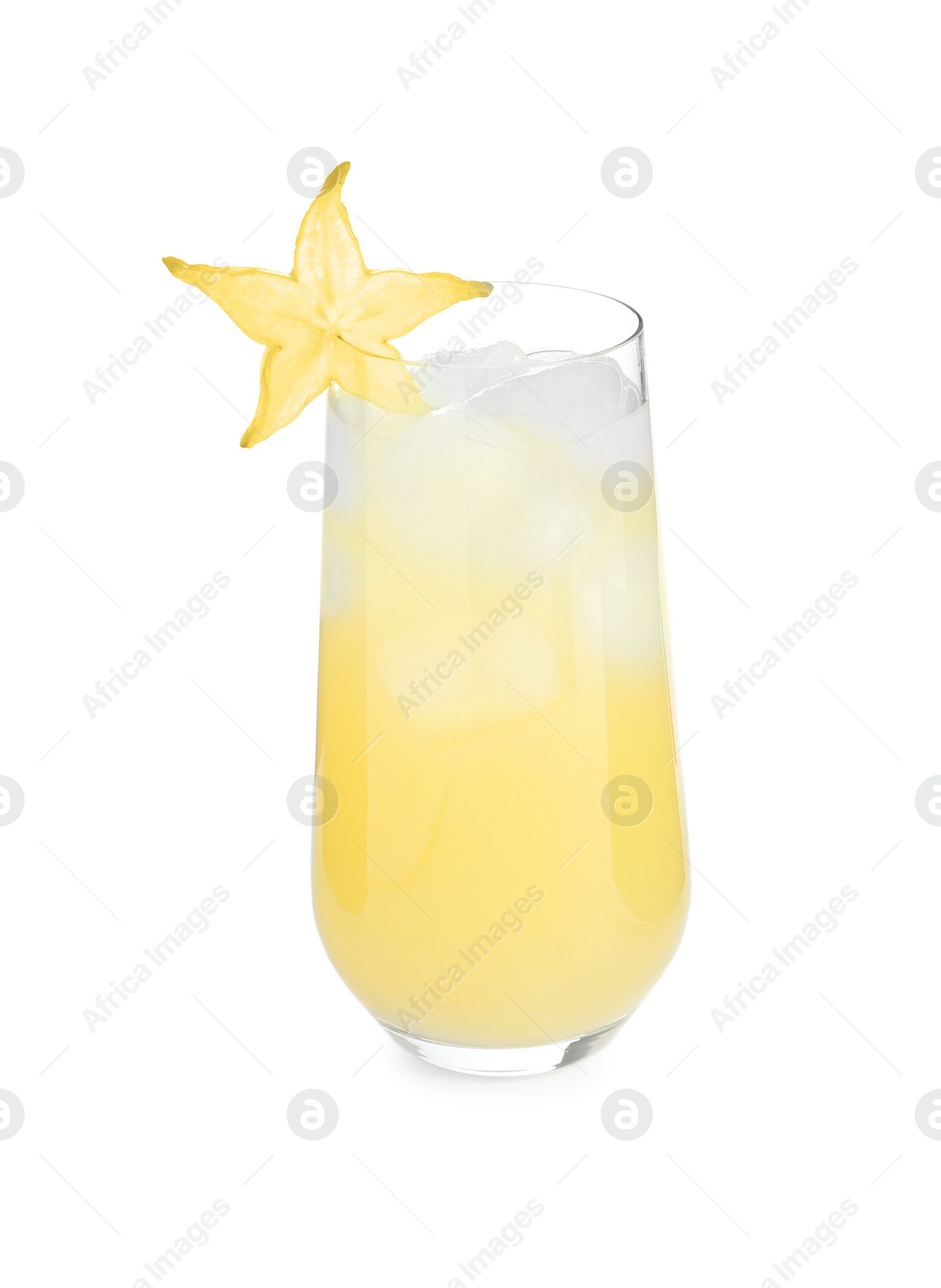 Photo of Delicious carambola juice in glass on white background