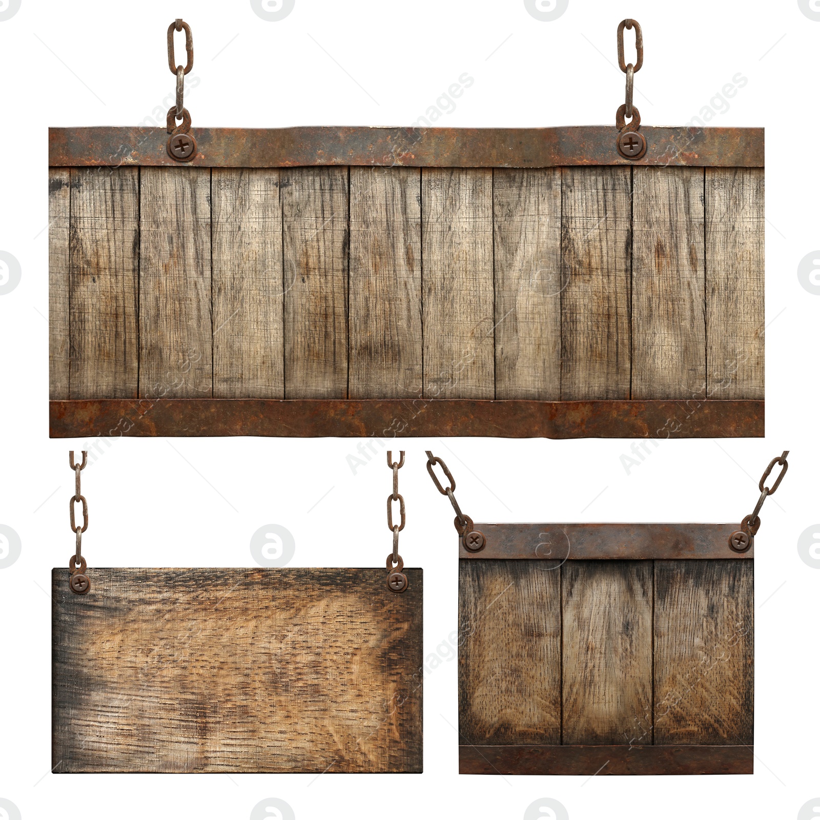 Image of Set of wooden signboards with metal chains isolated on white